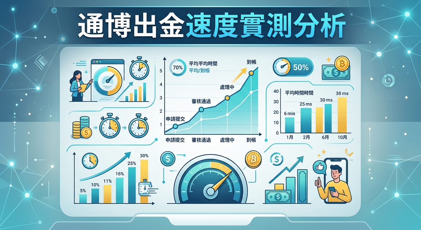 這張圖表展現了「通博出金速度實測分析」的主題,包含數據圖表、時鐘與資金發送圖示。 背景採用科技感十足的藍色調,並以清晰的中文標題突出出金效率與流程分析。