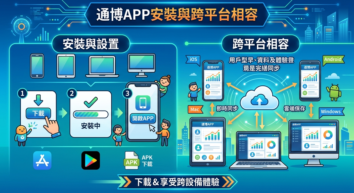 一張展示手機、平板與電腦跨裝置安裝「通博APP」的繁體中文科技插圖,呈現流暢的下載與雲端同步流程。 畫面採用藍綠色調與清晰圖示,直觀強調跨平台相容性與順暢的用戶體驗。