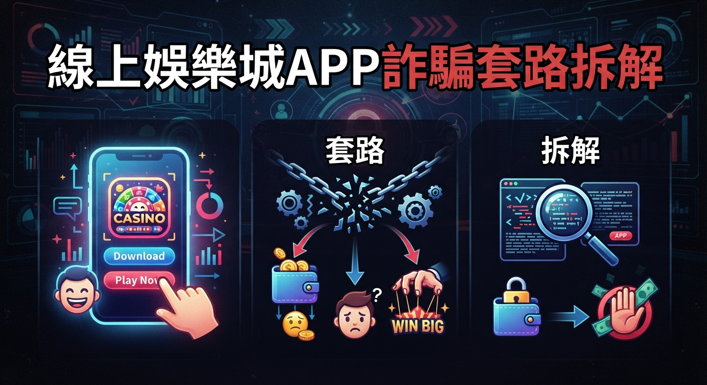 這張圖片的主題是拆解線上娛樂城APP的詐騙套路，背景融入了科技感與防範詐騙的視覺元素。 畫面透過圖解方式呈現了下載、陷阱與破解分析的過程。