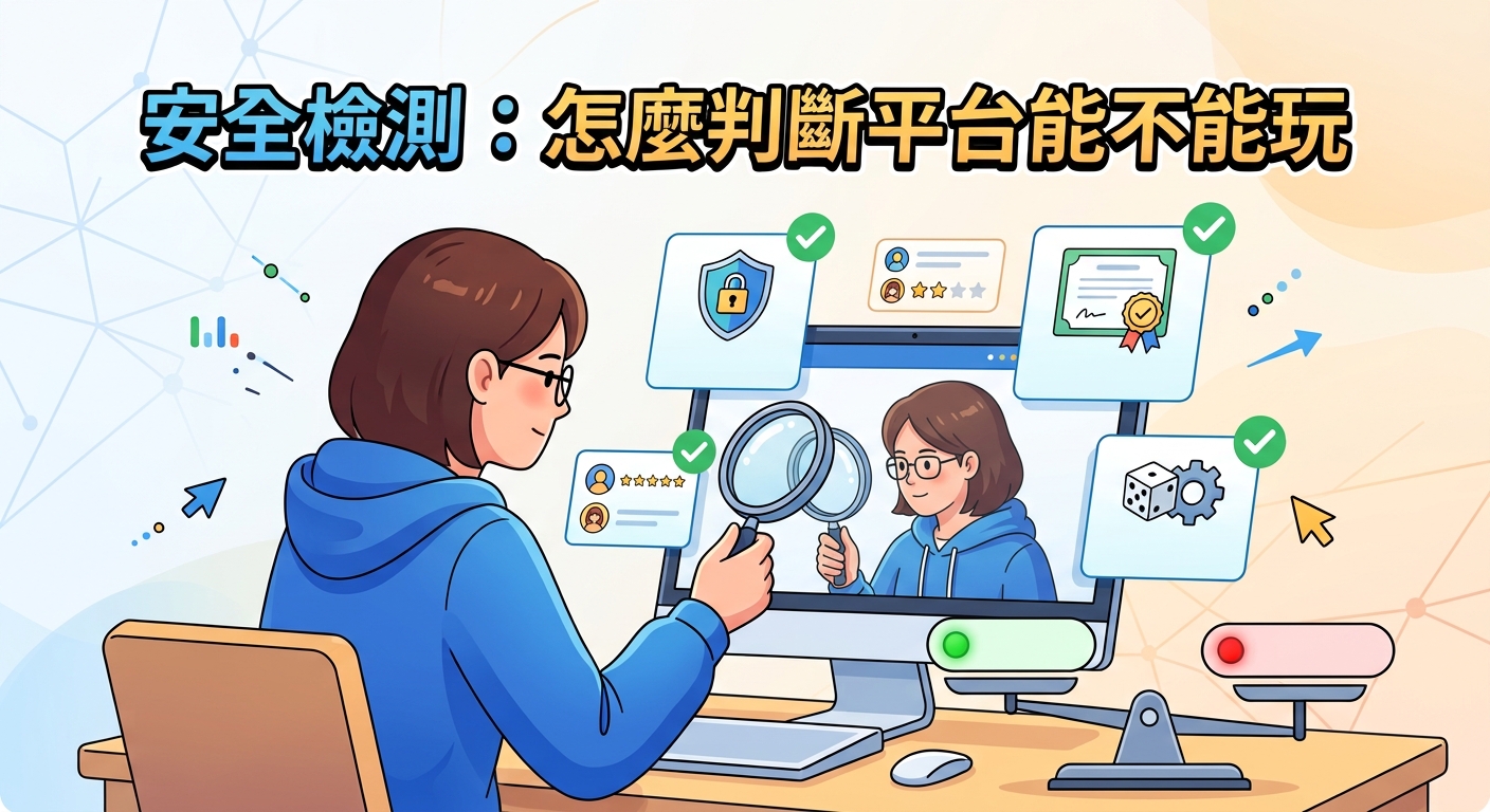 圖片顯示一名女子在電腦前看著帶有放大鏡與多個安全圖標的螢幕，上方寫有「安全檢測：怎麼判斷平台能不能玩」。