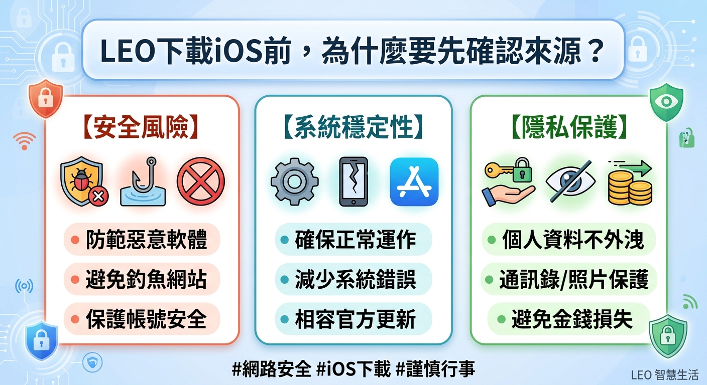 這張圖表說明了在 iOS 下載 LEO 前確認來源的重要性，涵蓋安全風險、系統穩定性與隱私保護三大核心要素。 透過圖示與條列說明，強調防範惡意軟體、確保系統正常運作以及防止個人資料與財產損失。