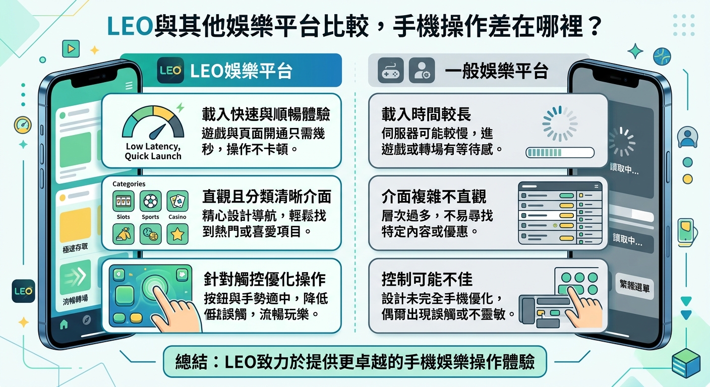 這張圖片是一份橫向的對比圖表，標題為「LEO與其他娛樂平台比較，手機操作差在哪裡？」。 圖中列出了LEO娛樂平台與一般娛樂平台在載入速度、介面設計及觸控操作上的差別。