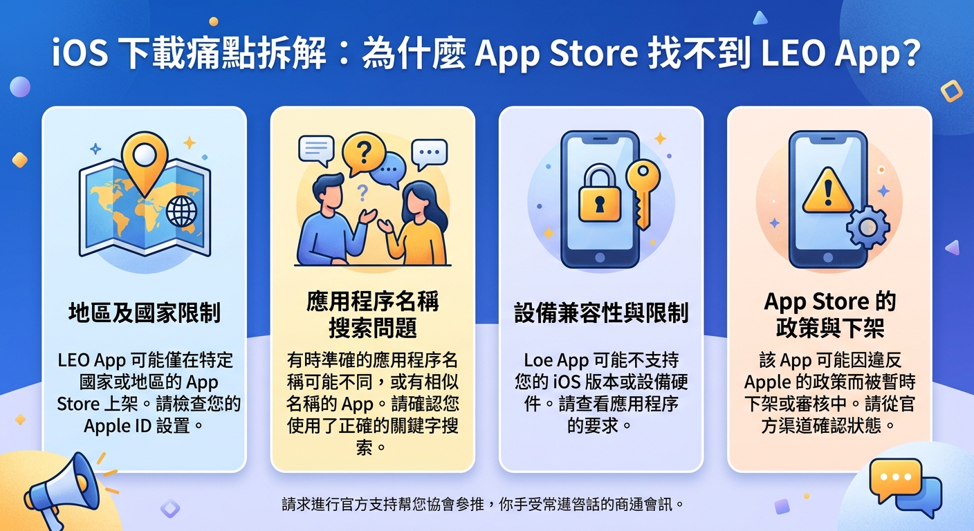 圖片展示了一個藍色調的圖解介面，標題為「iOS 下載痛點拆解：為什麼 App Store 找不到 LEO App？」。 下方分為四個欄位，透過智慧型手機、地標與對話圖示，說明地區限制、名稱搜尋、設備兼容性及政策下架等原因。
