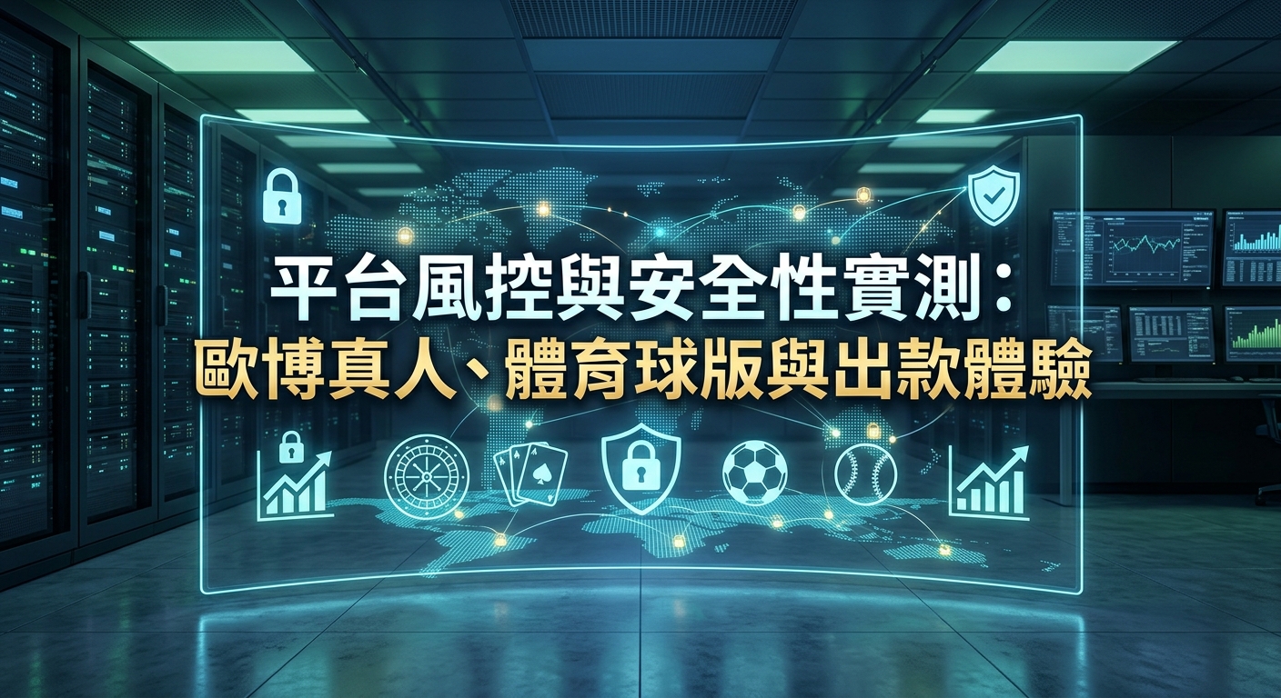 這張圖片展示了一個充滿現代科技感的數據中心背景，中央浮現出一個半透明的藍光玻璃屏幕。 屏幕上顯示著「平台風控與安全性實測：歐博真人、體育球版與出款體驗」的標題文字，並搭配了數據圖表、撲克牌、足球與安全鎖等數位圖示。