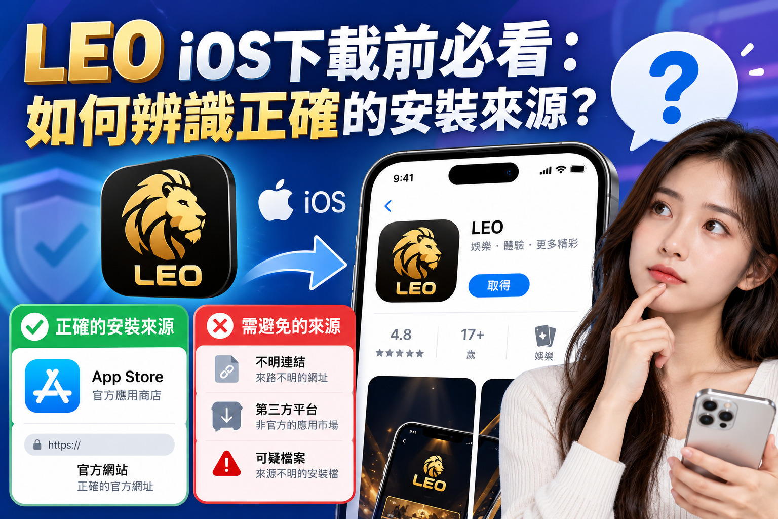 圖片以LEO娛樂城iOS下載安全為主題，透過手機安裝畫面與安全防護圖示，呈現辨識正確下載來源的重要性。 強調下載前應確認官方資訊、查證App來源，並避免不明連結、第三方平台及可疑安裝檔案，以降低個資外洩風險。